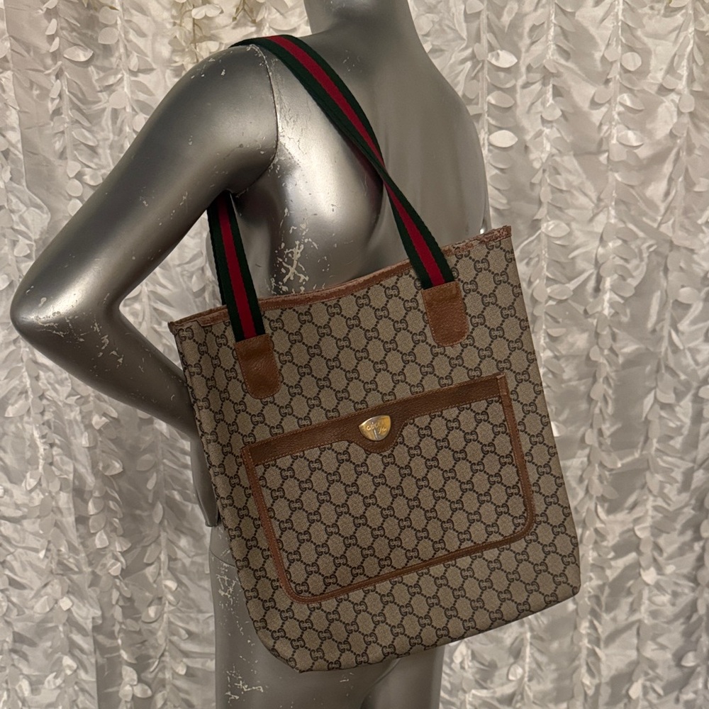 Gucci Beige and Brown Tote with Red and Green Straps